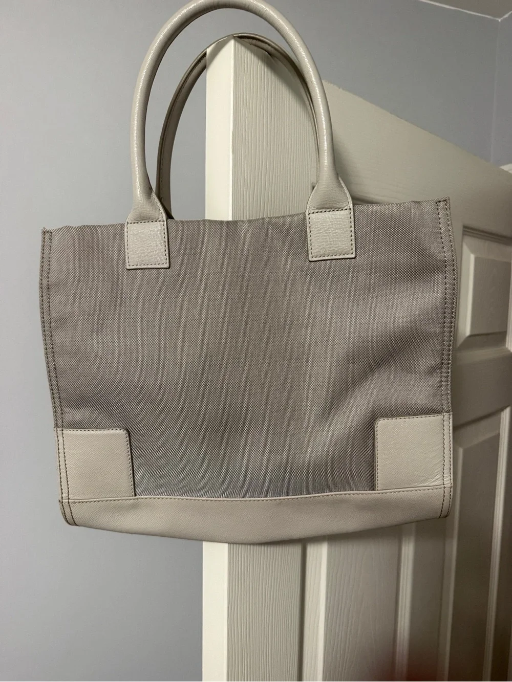 Tory Burch Gray Canvas Tote with Pale Leather Trim